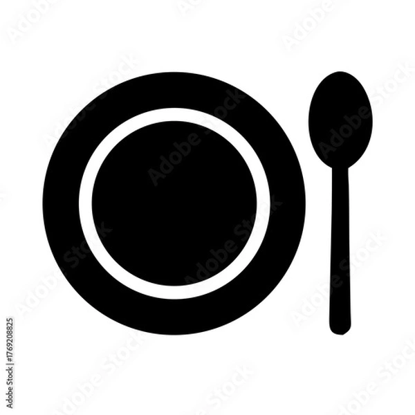 Obraz Black and white solid vector icon of a dinner plate with spoon