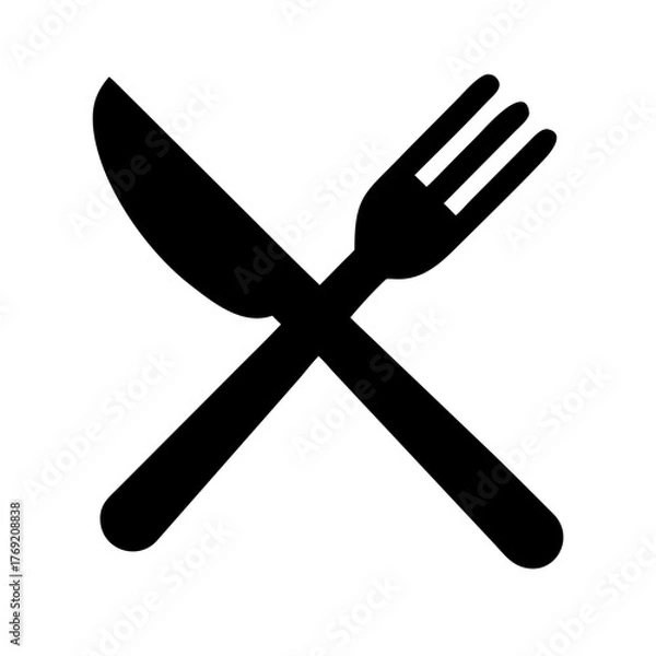 Obraz Black and white solid vector icon of a fork and knife crossed