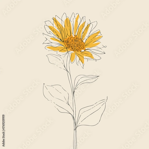 Fototapeta Elegant single-line sunflower with flowing leaves