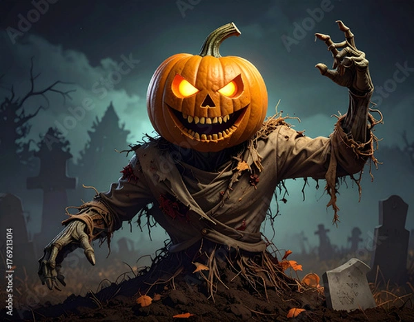 Fototapeta Pumpkin Headed Scarecrow emerging from grave on a spooky night with tombstones and fog