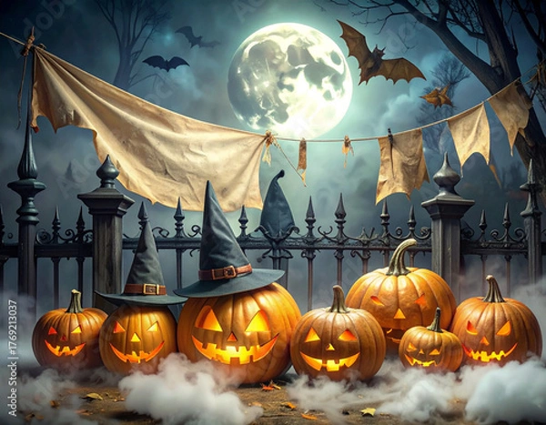 Fototapeta Spooky Halloween night scene with carved pumpkins, bats flying under a full moon, and festive garland