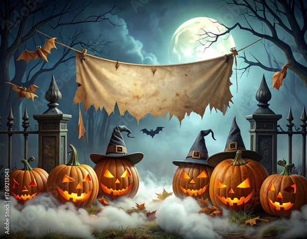 Fototapeta Spooky Halloween Scene Pumpkins, Bats, and a Glowing Moon – Perfect for Fall Festivities!