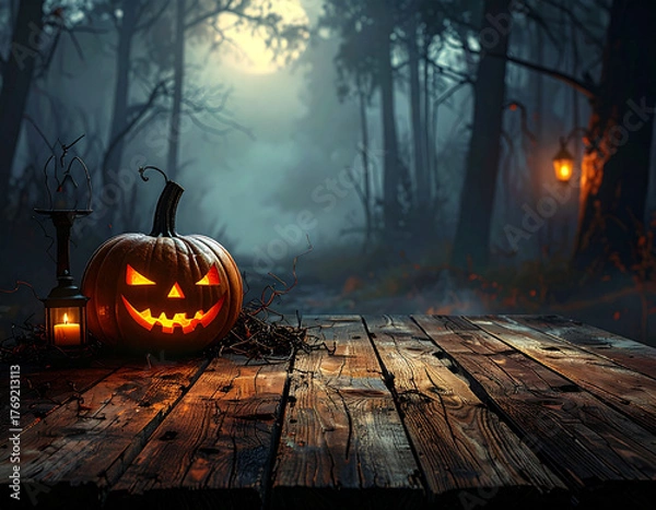 Fototapeta Spooky Halloween Pumpkin glowing in a foggy forest with a rustic wooden table in the foreground