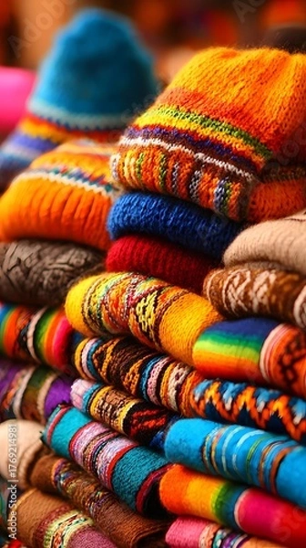 Fototapeta filled with handwoven textiles in bold reds, yellows, and blues stacked in neat piles