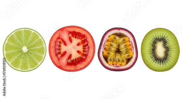 Obraz Sliced citrus tomato passion fruit kiwi isolated on a transparent background