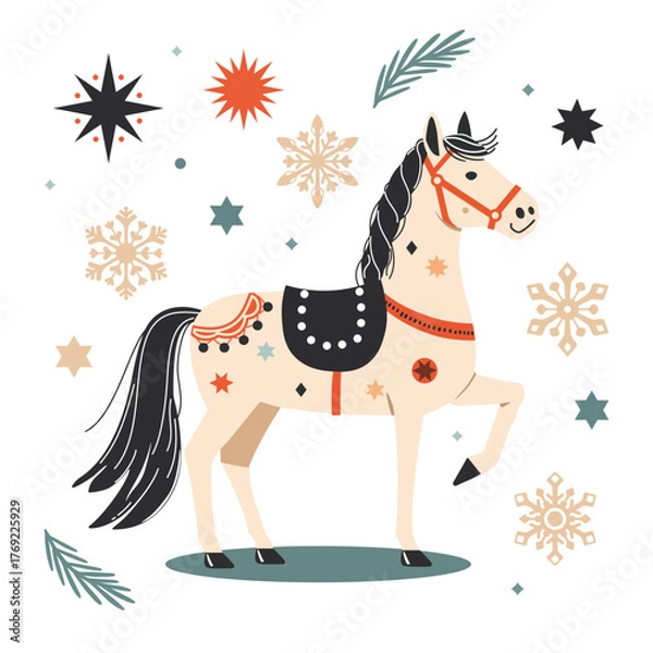 Fototapeta New year card with horse. Festive illustration of a horse on a white background with snowflakes and stars. Holiday greeting card design celebrating the New Year 2026. Perfect for winter decor
