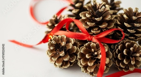 Fototapeta Goldtipped pine cones tied with a red ribbon rest on a bright surface