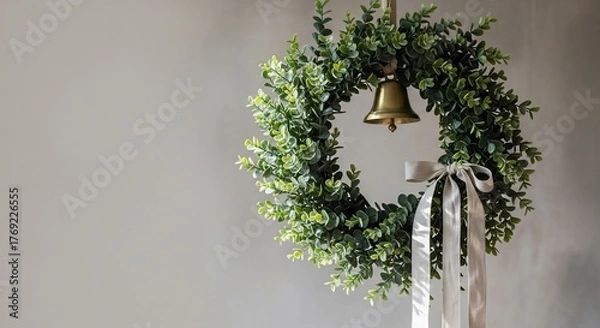 Fototapeta Green wreath with bell and ribbon on a plain neutral wall