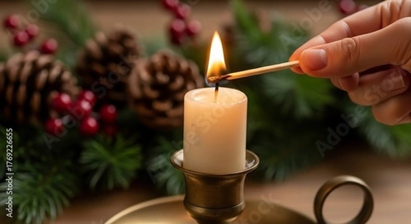 Fototapeta Hand lighting candle in brass holder with pinecones berries green branches background