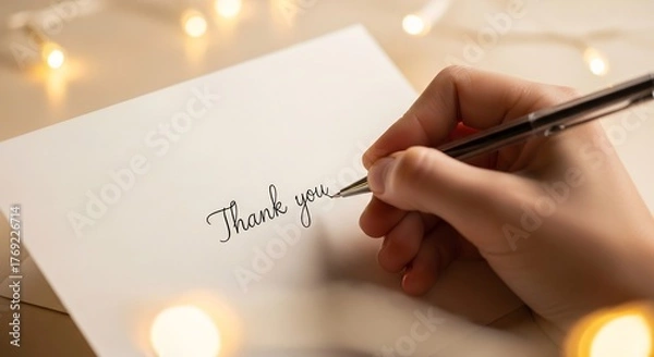 Fototapeta Hand writing Thank you with a pen on white card in a warm softly lit setting