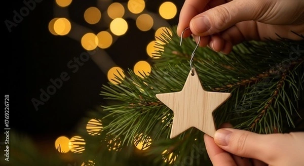 Fototapeta Hands hang a wooden star ornament on a pine branch blurred lights in the background