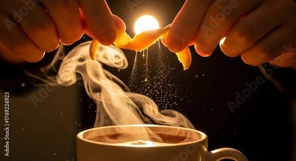 Fototapeta Hands squeeze orange peel over steaming cup releasing citrus oil