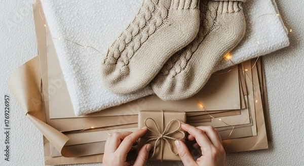 Fototapeta Hands tie a string bow around a wrapped gift box atop paper by a blanket  socks