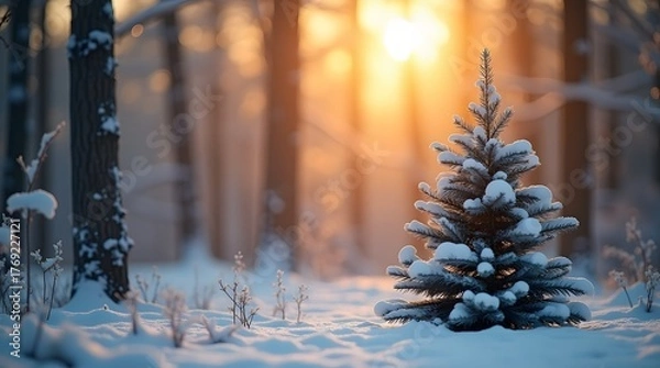 Fototapeta Magical winter wonderland scene with snow-covered Christmas tree at sunset in a serene forest