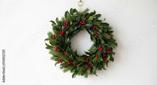 Fototapeta Holly wreath with red berries hangs on a white wall attached by a gold loop