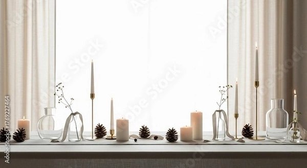 Fototapeta Lit candles pine cones vases  floral sprigs are displayed on a table in front of a bright window draped with fabric
