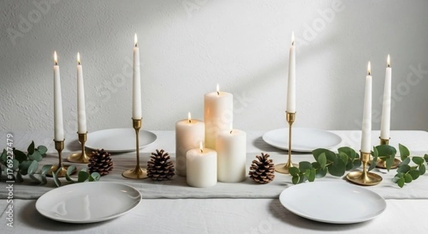Fototapeta Lit candles pine cones and plates are arranged on a table setting creating a serene and elegant ambiance