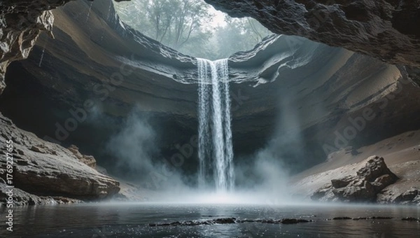 Obraz Waterfall plunging into a cave pool creating mist