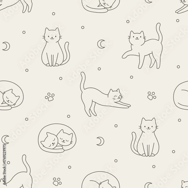 Fototapeta Cats seamless pattern background,  vector image,  black & white, wrapping paper