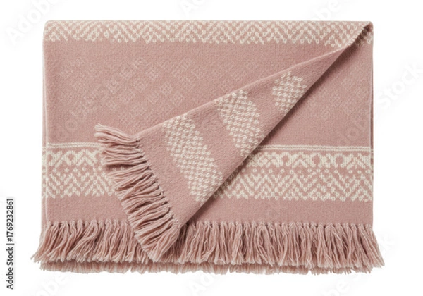 Fototapeta Isolated pink decorative throw blanket with fringe, patterned, on a solid background