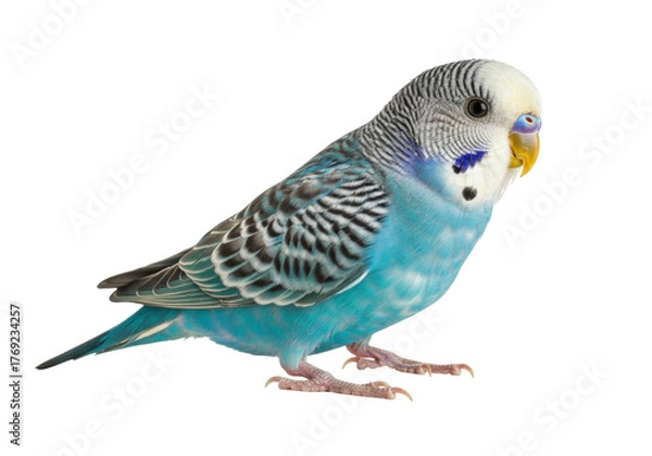 Obraz Isolated budgerigar, perruche ondulée, colorful bird pet in studio, perched sideways view