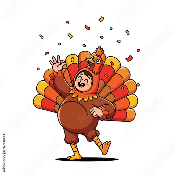 Fototapeta A person in a turkey costume dances joyfully as confetti falls, celebrating Thanksgiving with a cheerful expression.