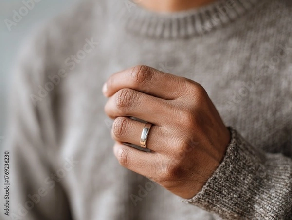 Fototapeta Asian Man's Hand Close-Up Wearing Diamond Wedding Ring, Gray Sweater, Happy Commitment.