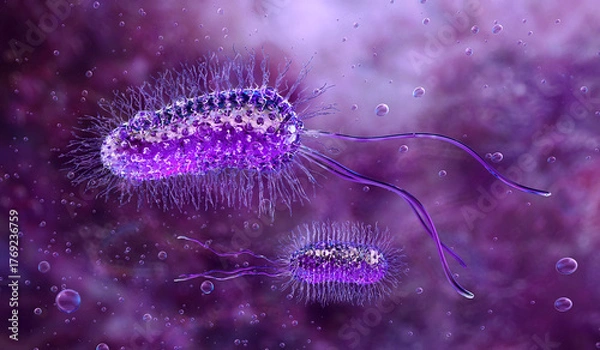 Obraz Bacteria structure 3D model. Escherichia coli, pseudomonas pathogenic microorganisms with flagella and cell membrane details. Infection biology, antibiotic resistance research, bacterial biotechnology