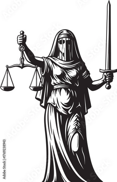 Fototapeta A striking black and white illustration of a veiled Lady Justice holding the scales of justice and a sword.