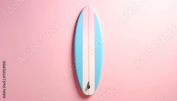 Fototapeta Vertical surfboard with twin blue stripes on pastel pink background, evoking coastal minimalism and retro summer vibes.