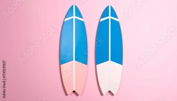 Fototapeta Vertical surfboard with twin blue stripes on pastel pink background, evoking coastal minimalism and retro summer vibes.