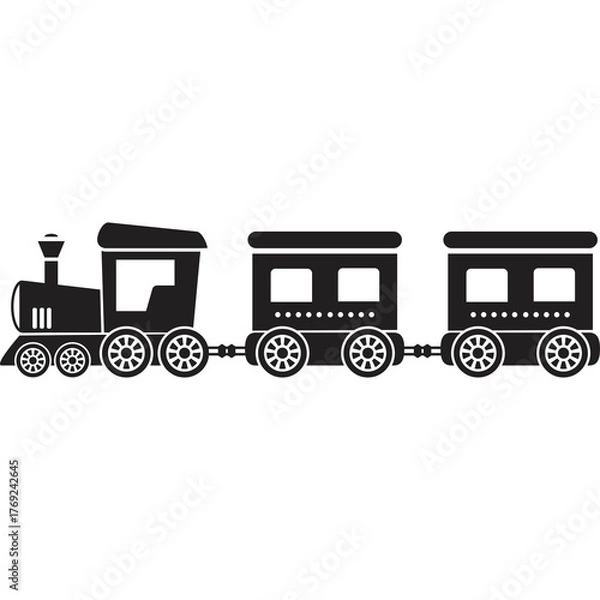 Obraz Black Silhouette Of A Vintage Steam Train With Two Passenger Cars On A White Background Isolated Vector Illustration
