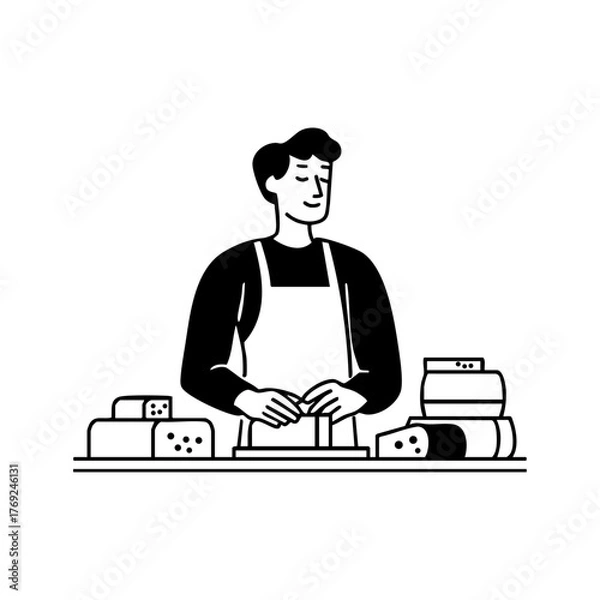 Fototapeta Cheerful deli worker preparing and slicing cheese behind the counter, representing craftsmanship, service, and local food tradition.
