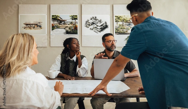 Obraz Group of diverse architects discussing project ideas in a creative studio setting