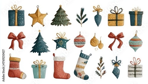 Fototapeta christmas element clipart set, christmas tree toys and decoration icons isolated on a white background