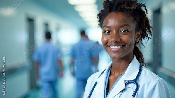 Obraz A young happy dark-skinned African American woman at work in a hospital, with doctors in blue uniforms walking down the hallway in the background.