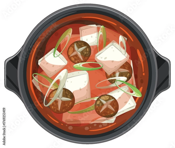 Fototapeta Korean Tofu Stew with Mushrooms and Scallions in Pot