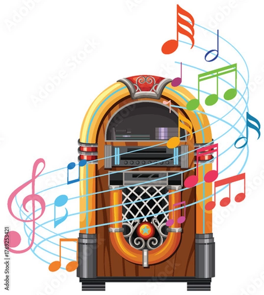 Obraz Retro Jukebox Playing Colorful Musical Notes Vector Illustration