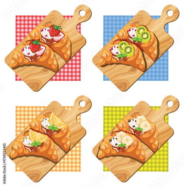 Obraz Fruit Topped Croissants on Wooden Boards with Colorful Napkins