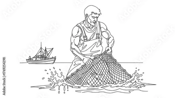 Obraz Fisherman Line Art — Man Hauling Net from Water on Boat, Dynamic Posture Close-Up, Minimal Continuous Vector Illustration