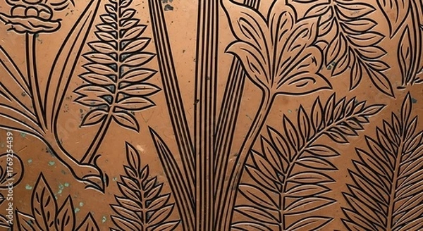 Fototapeta Intricate etched botanical pattern on a warm copper surface with delicate floral and leafy designs