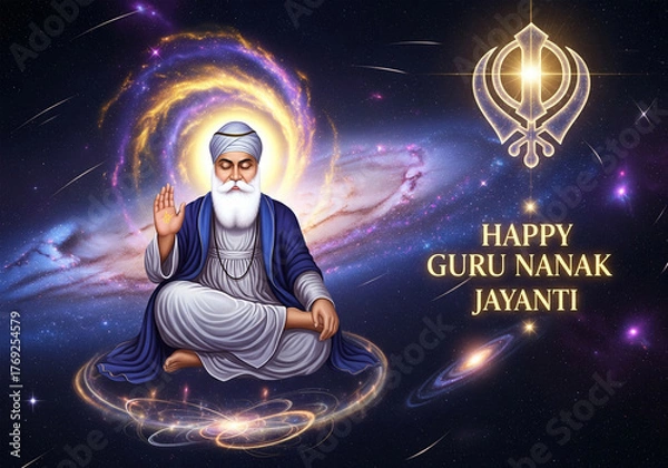Fototapeta Happy Guru Nanak Jayanti Greeting with Guru Nanak Dev Ji and Golden Khanda Symbol