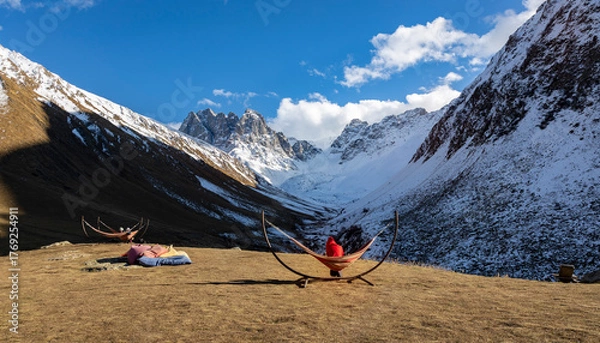 Fototapeta Young woman is relaxing in a hammock, enjoying the view of snowy mountains
