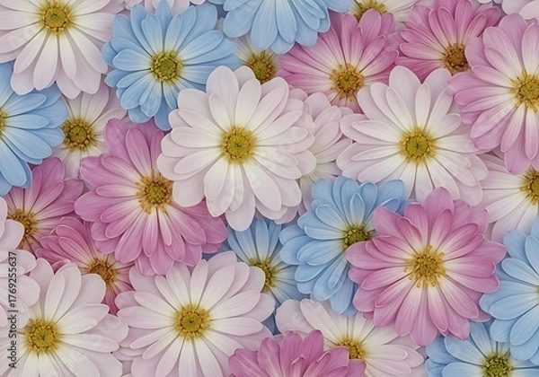 Fototapeta Soft pastel floral pattern featuring delicate white pink and blue daisy blooms
