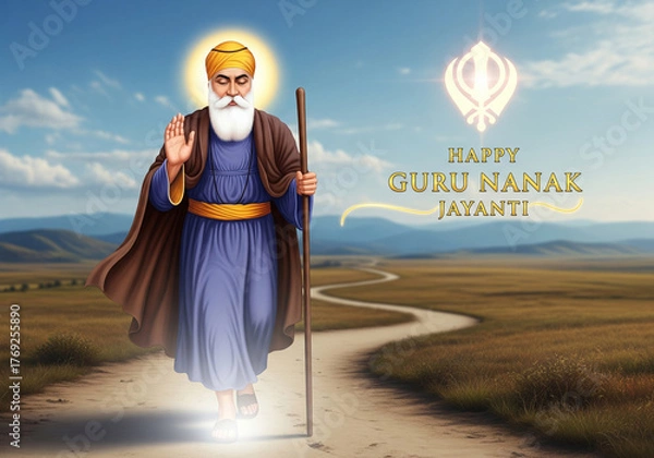 Fototapeta Happy Guru Nanak Jayanti Greeting with Guru Nanak Dev Ji and Golden Khanda Symbol