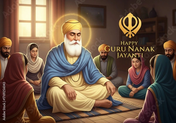 Fototapeta Happy Guru Nanak Jayanti Greeting with Guru Nanak Dev Ji and Golden Khanda Symbol