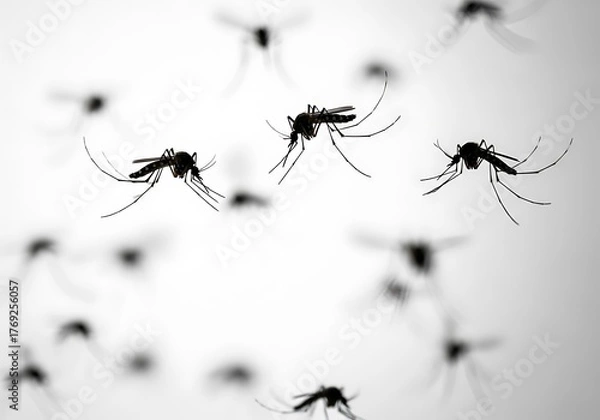 Fototapeta Close-up macro view of numerous small dark mosquitoes in flight against a bright