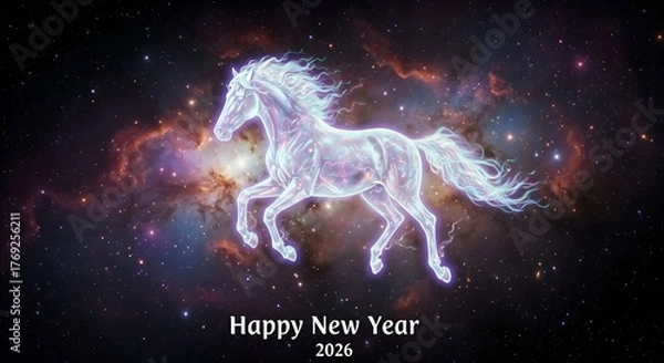 Fototapeta A plasma horse gallops across the galaxy, wishing you a happy new year 2026