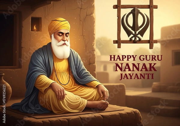 Fototapeta Happy Guru Nanak Jayanti Greeting with Guru Nanak Dev Ji and Golden Khanda Symbol