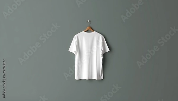 Obraz Minimalist white t-shirt back view on a light wooden hanger against a muted grey-green wall